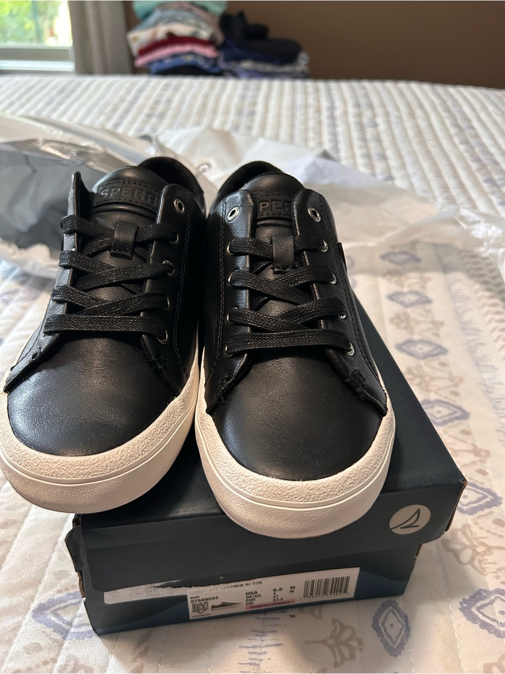 Sperry Black Leather Low-Top Sneakers with White Soles